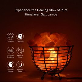 Bowl Shape Metal Basket Salt Lamp with Natural Salt Chunks – Soothing Light & Air Purifier