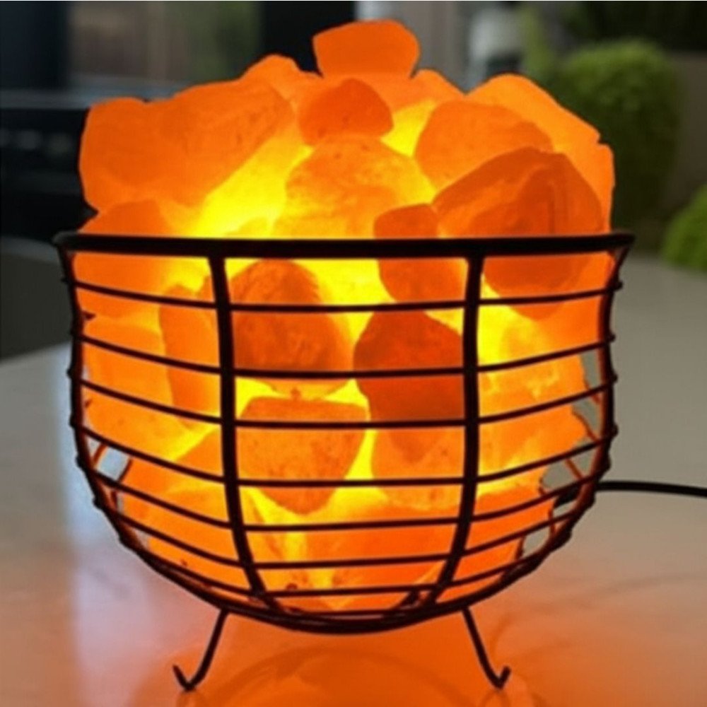 Bowl Shape Metal Basket Salt Lamp with Natural Salt Chunks – Soothing Light & Air Purifier