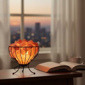 Flower Shape Metal Basket Salt Lamp with Natural Himalayan Rock Salt Chunks – Decorative Air Purifier & Soothing Glow