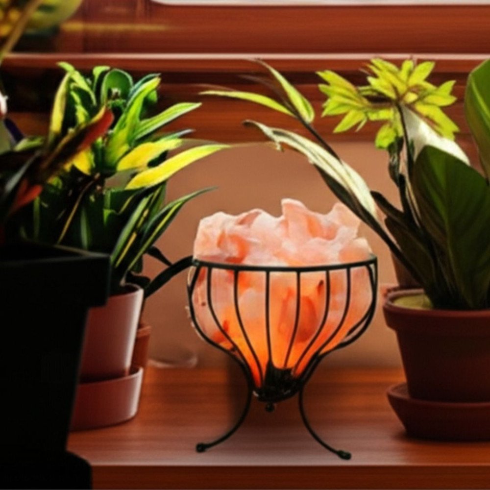 Flower Shape Metal Basket Salt Lamp with Natural Himalayan Rock Salt Chunks – Decorative Air Purifier & Soothing Glow