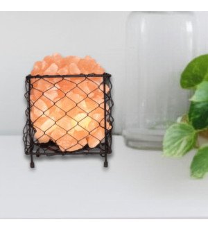Square Shape Metal Basket Himalayan Salt Lamp with Natural Salt Chunks – Air Purifier & Warm Amber Glow
