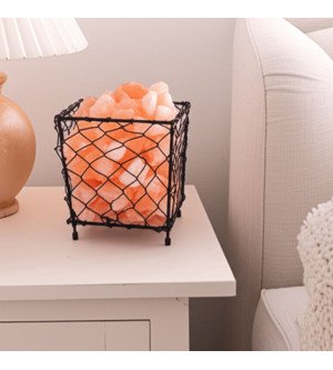 Square Shape Metal Basket Himalayan Salt Lamp with Natural Salt Chunks – Air Purifier & Warm Amber Glow