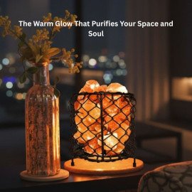 Cylinder Shape Metal Basket Himalayan Salt Lamp with Natural Salt Chunks – Air Purifier & Soothing Glow